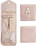 BAGSMART Travel Jewelry Organizer Case A Initial Foldable Jewelry Roll for Journey Rings, Necklaces, Earrings, Bracelets,Mini,Letter A,Soft Pink