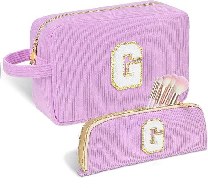 Personalized Initial Makeup Bag Trendy Stuff Corduroy Cosmetic Bag Travel Toiletry Bag for Women, Christmas/Thanksgiving/Halloween Gifts Makeup Organizer Case for Teen Girls Mom Girlfriend Wife.