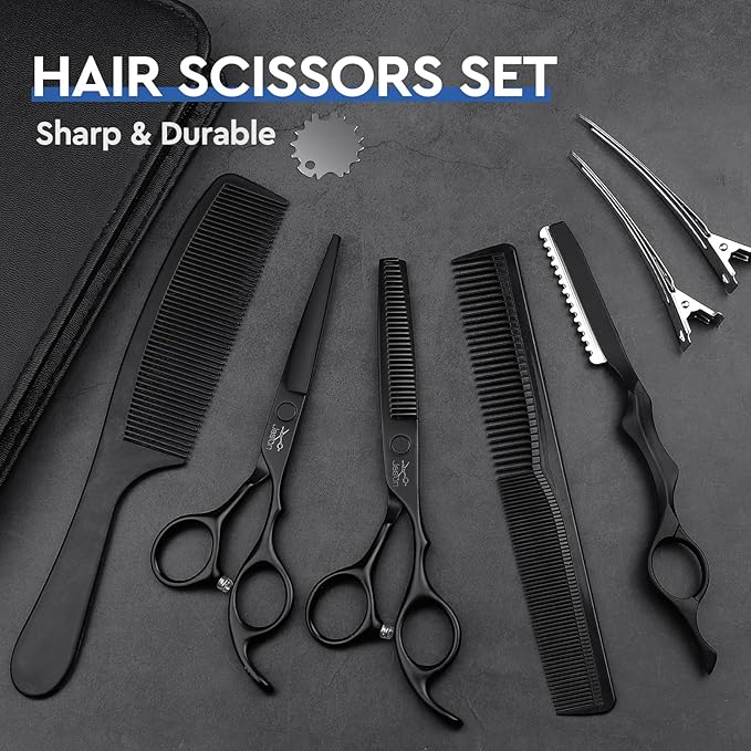 JASON Hair Cutting Scissors Set - Professional 10 PCS Haircut Scissors kit, Thinning Blender Scissors, Straight Shears with 30 Teeth for Men Women Home Salon Barber (6.5", Black) Christmas Gift
