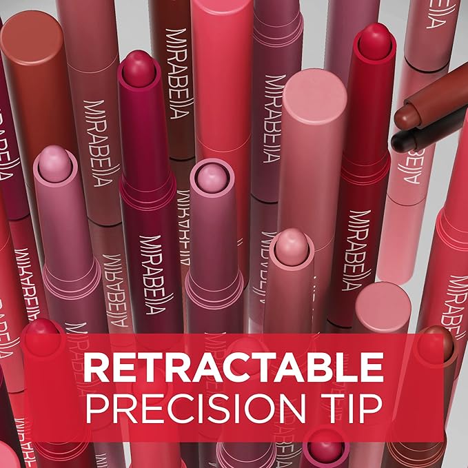 Mirabella - Velvet Matte Lip Crayon, Retractable Highly-Pigmented 2-in-1 Makeup, Long-Lasting Hydrating Lipstick Crayon + Lip Liner, Moisturizing Cream-to-Matte Lipcare Formula, Sunset Coral