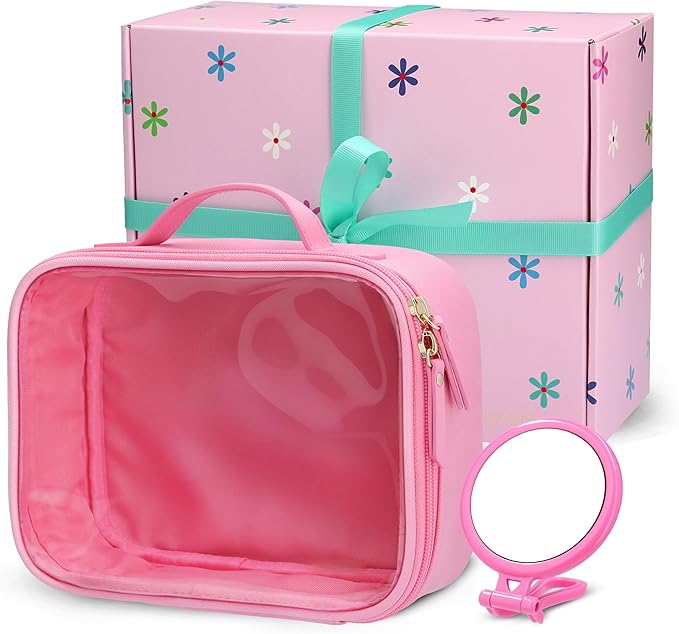 Pink Makeup Cosmetic Bag, Travel Toiletry Bag, Cute Makeup Pouch, Transparent Travel Case, Clear Front, Waterproof and Quart Size Bag, Best Gift for Girls, Teens, Women