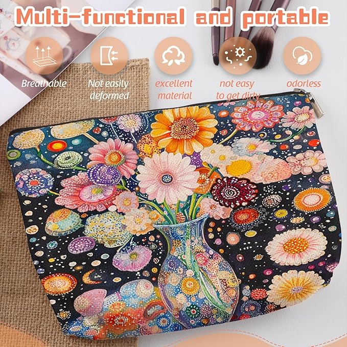 Makeup Bag Travel Cosmetic Bags Small Makeup Case Waterproof Zipper Pouch for Women Girls 7X9inches - Colorful Flowers in A Blue Vase with Dots