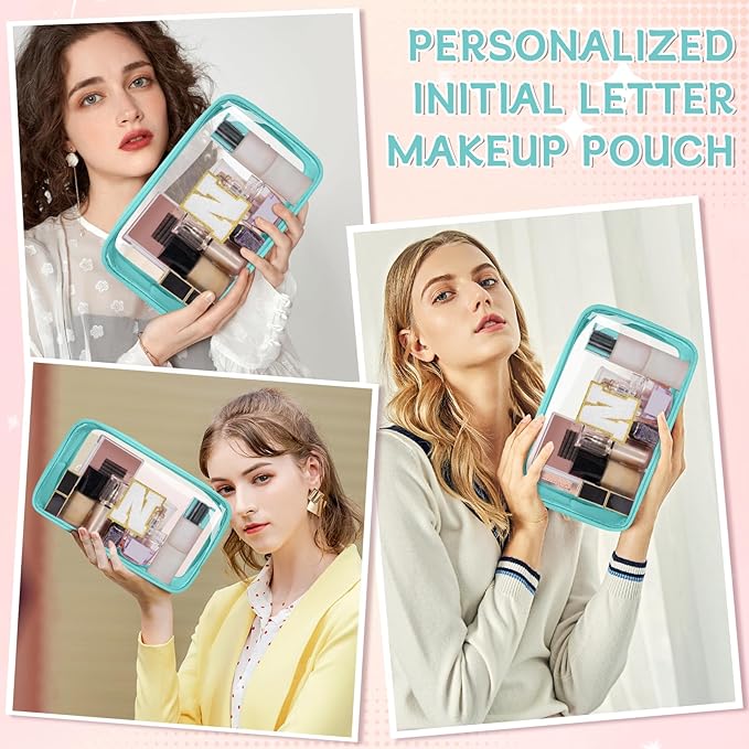 Personalized Initial Clear Makeup Bag, Travel Chenille Patch Cosmetic Bag, Preppy Toiletry Bag Monogram Cosmetic Pouch with Zipper, Ideal Gift for Teen Girls Women (Clear-Green, N)