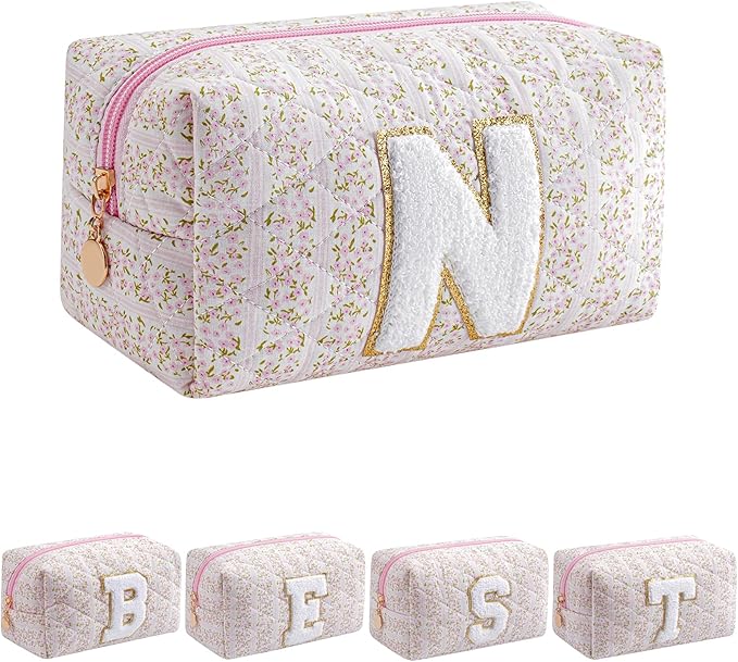 JOVAKIT Alphabet Makeup Bag Cosmetic Bag for Women, Christmas Gifts for Girls Age 6-18, Floral Flowers Coquette Travel Toiletry Zipper Make Up Pouch Organizer Trendy Stuff (Pink Floral N)