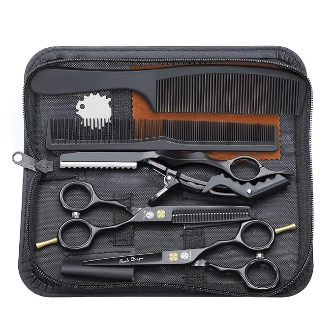 Purple Dragon 5.5 inch Hair Cutting Scissors Set with Razor, Leather Scissors Case, Barber Hair Cutting Shears Hair Thinning/Texturizing Shears for Professional Hairdresser or Home Use (Black)