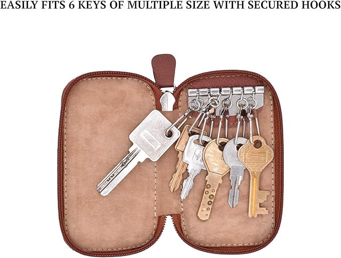 Full Grain Genuine Leather Keychain Holder Pouch with 6 Key Holders Hook