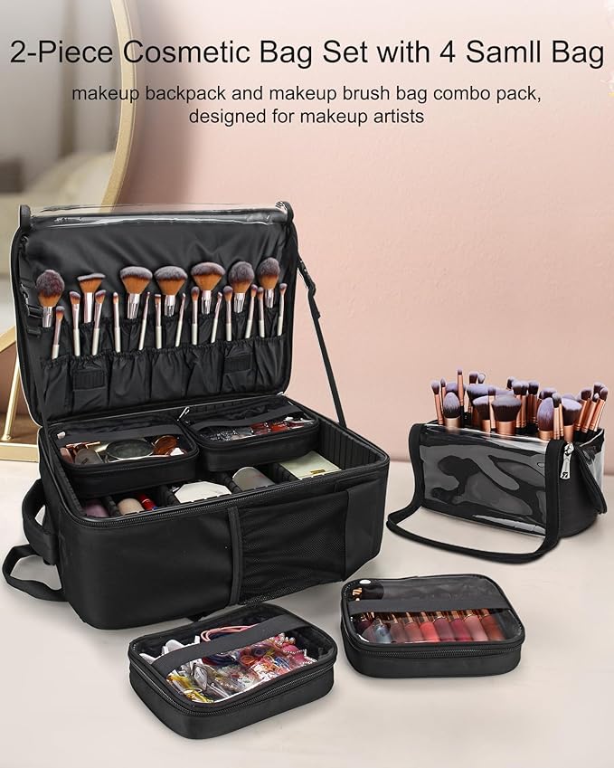TANTO Makeup Backpack Makeup Artist Bag Professional Extra Large Cosmetic Bags Travel Train Case Storage Organizer Double-Layer Cosmetic Case with 4 Pouch and Brush Organizer (Black, two piece)