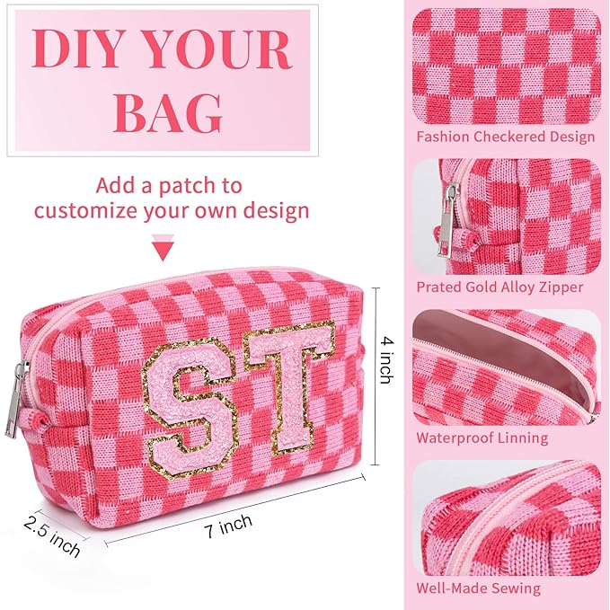 SOIDRAM Checkered Makeup Bag Preppy Cosmetic Bag Bulk Pink Makeup Pouch Personalize Travel Toiletry Bag Organizer Cute DIY Makeup Brushes Storage Bag for Women