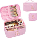 MONSTINA Personalized Initial Makeup Bag with Brush Holder and Divider for Women,Make Up Case for Girlfriend Bridesmaid Wife,Birthday Gift for Her Cute Toiletry Bag,2PCS,Pink L