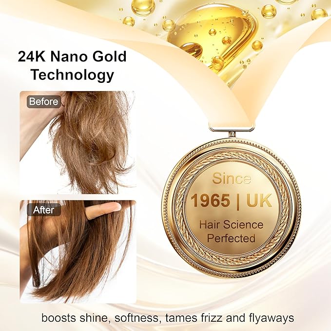 24K Gold Hair Oil Made in the UK – Repair & Shine Serum with Coconut, Argan & Olive Oils – Vegan Heat Protectant, Frizz Control for Dry, Damaged Hair (2.02 Fl Oz (Pack of 1))