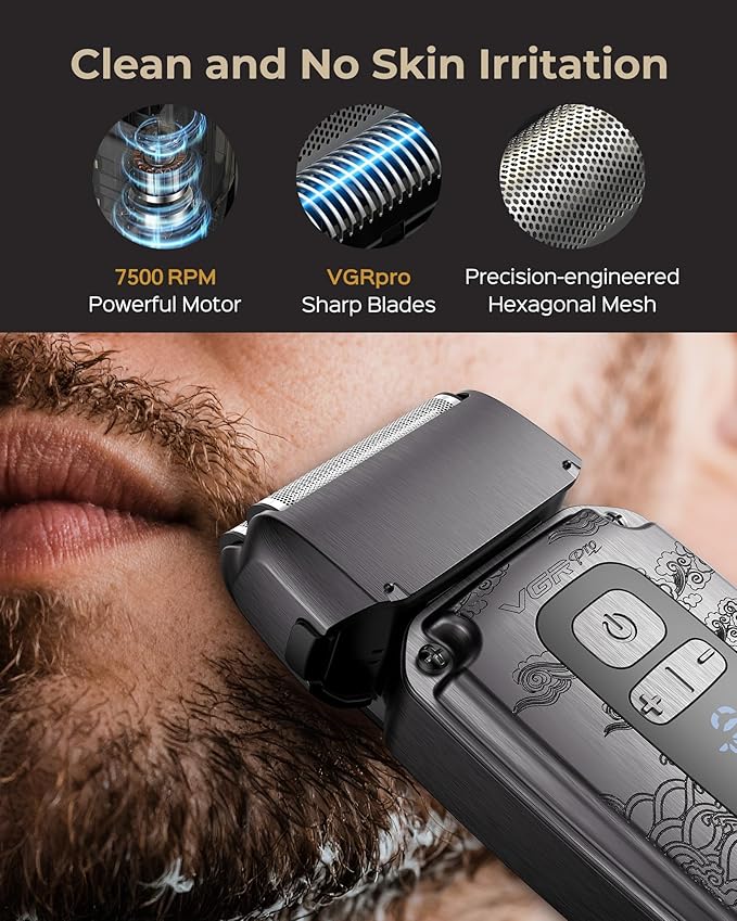 Foil Shaver for Men, Electric Razor for Men Face Beard, Waterproof Cordless Electric Razor for Travel, 4-Speed Setting, USB-C Rechargeable, LED Battery Display, Barber or Home Use (Gray)