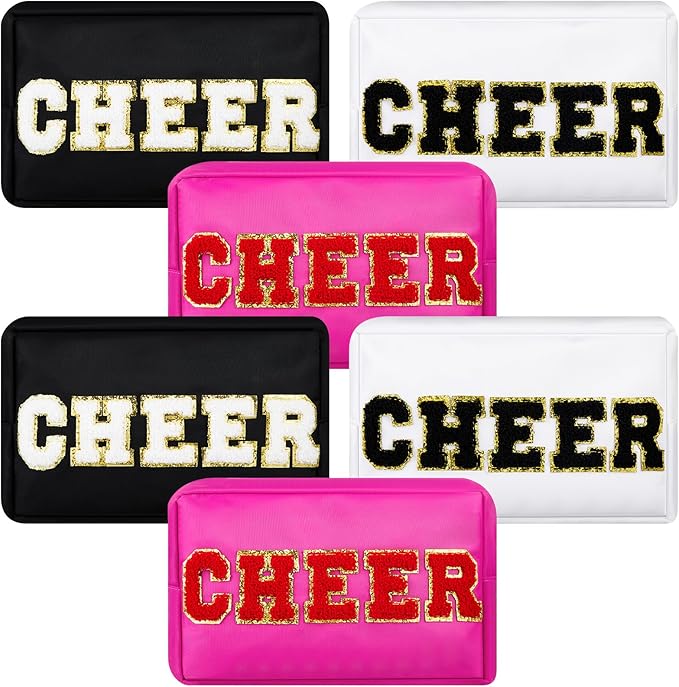 6 Pcs Cheer Makeup Bag Cosmetic Bag with Chenille Letter Patches Waterproof Portable Cheerleader Toiletry Zipper Pouch for Girl Women Appreciation (Bright Colors)