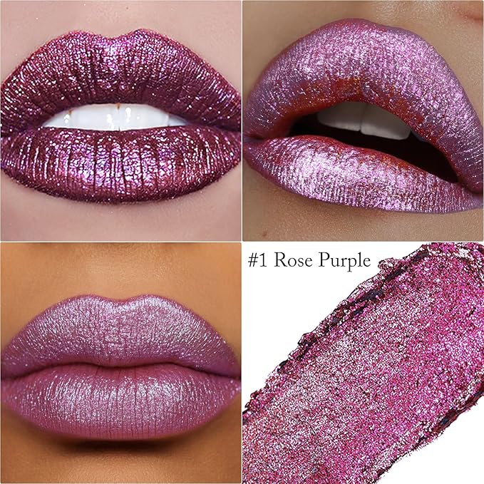 Glitter Lipstick Makeup, Rose Purple Holographic Metallic Lip Stick Long Lasting Lightweight Non-Sticky Hydrating Lip Tinted Full Coverage High-Shine Sparkling Chameleon Lipstick for Women