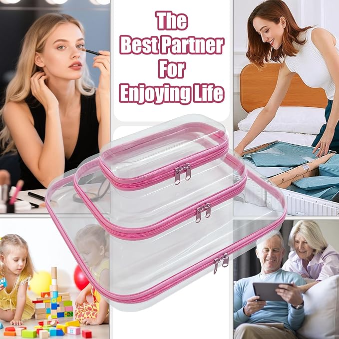 3 Pcs Clear Hard Zipper Case, Hard Shell Plastic Clear Organizer Bag, Transparent Makeup Pouches, Portable Box for Travel Toiletries Storage Bins (Pink, Multi)