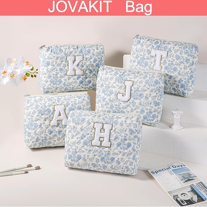 JOVAKIT Alphabet Makeup Bag Cosmetic Bag for Women, Christmas Gifts for Girls Age 6-18, Floral Flowers Coquette Travel Toiletry Zipper Make Up Pouch Organizer Trendy Stuff (2Pcs Blue Floral M)