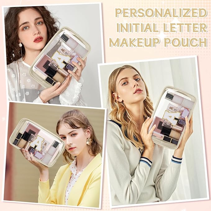 Personalized Initial Clear Makeup Bag, Travel Chenille Patch Cosmetic Bag, Preppy Toiletry Bag Monogram Cosmetic Pouch with Zipper, Ideal Gift for Teen Girls Women (Clear-Beige, A)