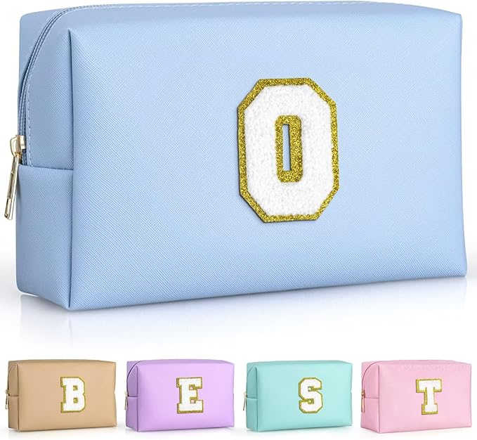 TOPEAST Small Makeup Bag Initial Cosmetic Bag Travel Toiletry Bag, Personalized Birthday Gift for Mom Sister Friends Teacher Nurse, Preppy Travel Stuff for Girls (Sky Blue O)