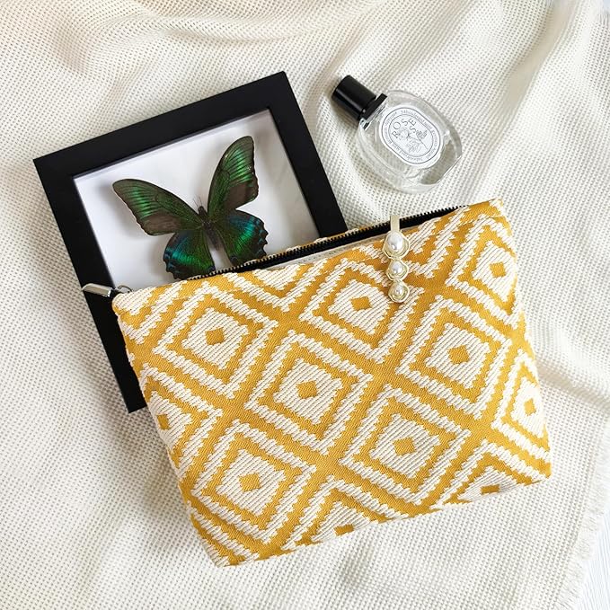 STARDW Parallel Checkered Makeup Bag Cute Cosmetic Bags for Women Girls, Travel Toiletry Bag Large Capacity Zipper Makeup Pouch, Purse Organizer Pouches(Embroidery Yellow)