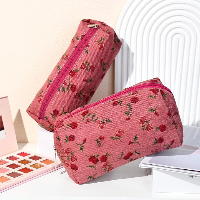 SOIDRAM Makeup Bag Floral Cosmetic Bag Cute Makeup Pouch 1Pcs Large Capacity Makeup Bags and 1Pcs Makeup Brushes Storage Bag Travel Toiletry Bag Organizer