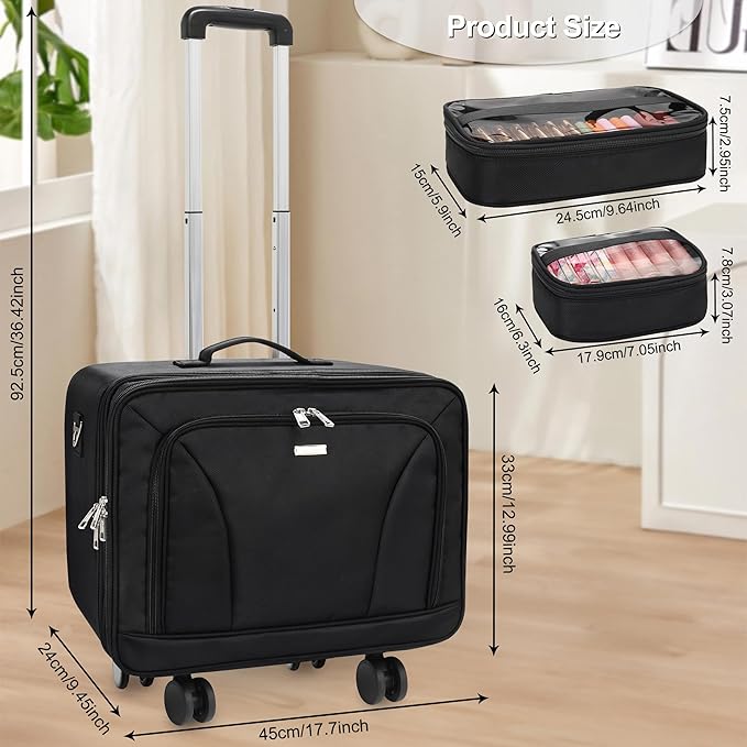 MONSTINA Rolling Makeup Train Case with 4 Detachable 360-Degree Rotation Wheels,Professional Trolley Cosmetic Case, 3-Layer Extra Large Organizer Cart for Makeup Artist Hairstylist