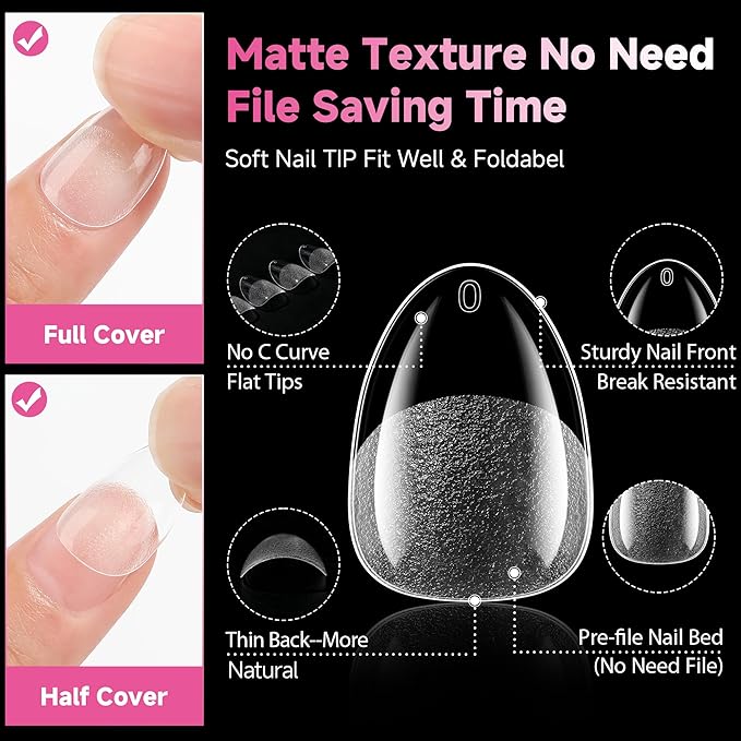 UNA GELLA Extra Short Almond Nail Tips, 312pcs XS Short Almond Gel Nail Tips Pre-Shaped Half Matte Full Cover No Need File Soft Gel Clear Fake Nails for Nails Extension Home DIY Salon 12 Sizes