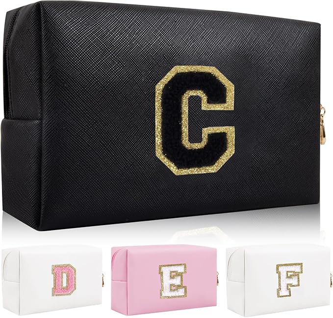 Personalized Initial Letter Patch Makeup Bag, Preppy Portable Chenille Cosmetic Bag with Zipper, PU Leather Waterproof Travel Toiletry Bag Monogram Make Up Pouch for Women Girls