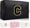 Personalized Initial Letter Patch Makeup Bag, Preppy Portable Chenille Cosmetic Bag with Zipper, PU Leather Waterproof Travel Toiletry Bag Monogram Make Up Pouch for Women Girls