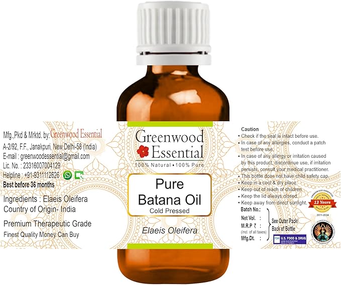 Greenwood Essential Pure Batana Oil (Elaeis Oleifera) Cold Pressed Pack of Two 100mlx2 (6.76 oz)