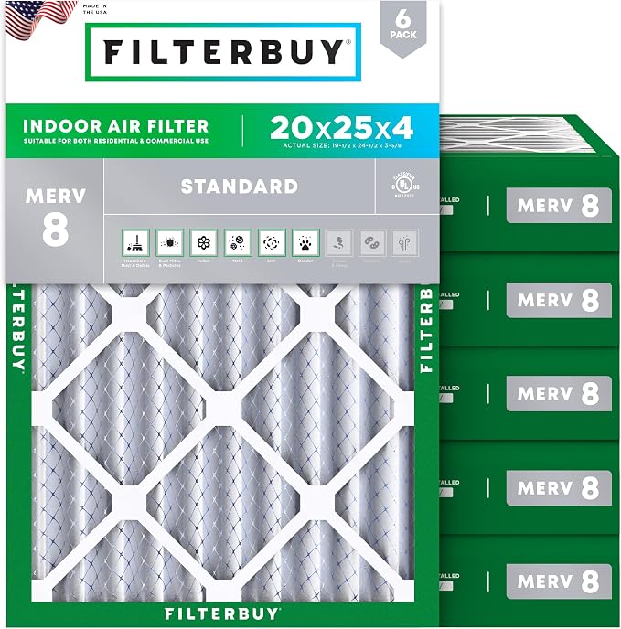 Filterbuy 20x25x4 Air Filter MERV 8 Essential Dust & Allergy Defense, by Filterbuy
