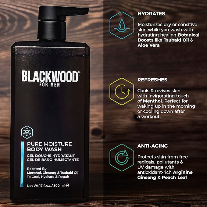 Blackwood For Men Pure Moisture Body Wash - Natural Mens Body Wash with Ginseng & Cooling Menthol - Sulfate Free Moisturizing Cleanser & Bodywash for Dry Skin or Sensitive Skin - Dye Free, Vegan, 17oz
