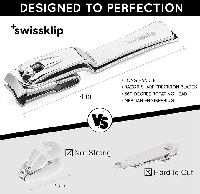 Swissklip Nail Clippers for Men & Women I Finger Nail Clippers for Adult with 360 Degree Rotating Head I Fingernail Clippers for Women I Surgical-Grade Stainless Steel Material (2 Pack)