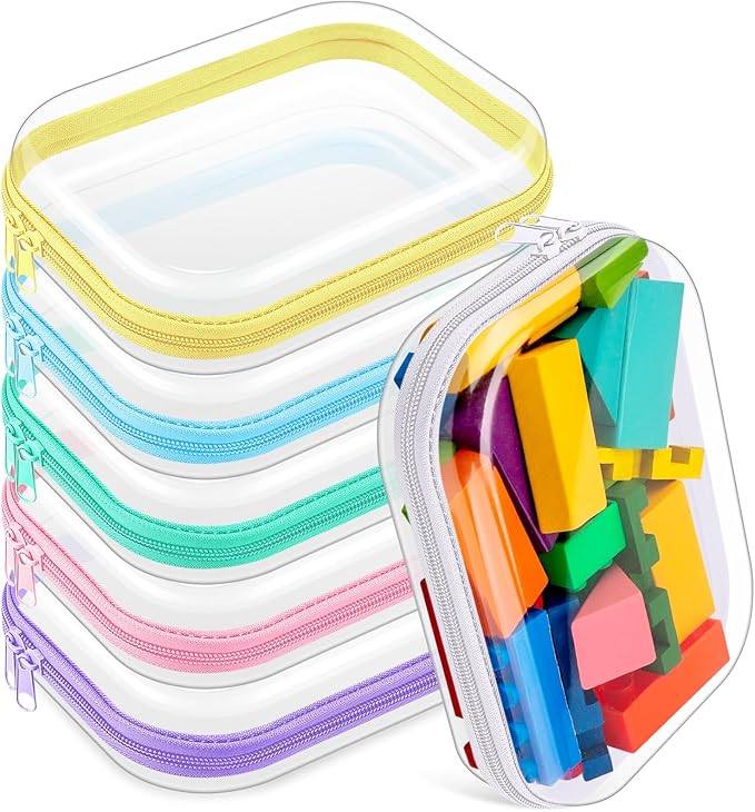 Sanwuta 6 Pcs Clear Hard Zipper Case Hard Plastic Zipper Pouches Makeup Bag Pencil Pouches Transparent Cases for Snacks Plastic Storage Organizer Box for Travel(Assorted Color,7.87 x 5.9 x 2 Inch)