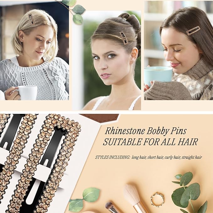 Rhinestone and Crystal Hair Clips 2-Pack, Sparkly Barrettes & Elegant Bling Accessories for Women & Girls(Set8)