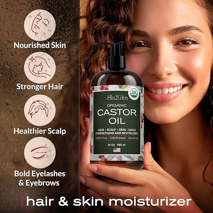 Ella & Eden Castor Oil Organic – Cold Pressed Hexane-Free Unrefined Glass Bottle - For Hair Growth, Face, Skin - USDA Certified 100% Pure – 16 Oz