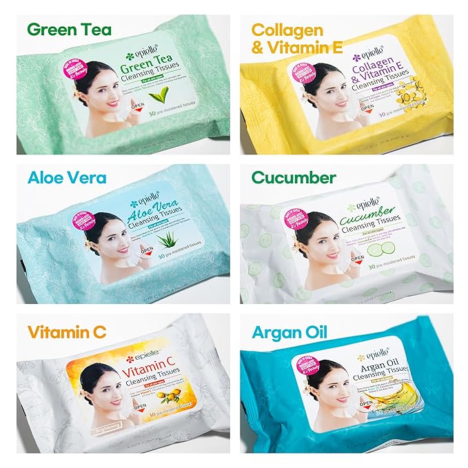 Epielle Makeup Remover Wipes, Remove Waterproof Mascara, Gentle Daily Facial Cleanser Towelettes with Vitamin C, Aloe Vera & Collagen, Stocking Stuffers, Thanksgiving Essentials, 30 Count (Pack of 6)