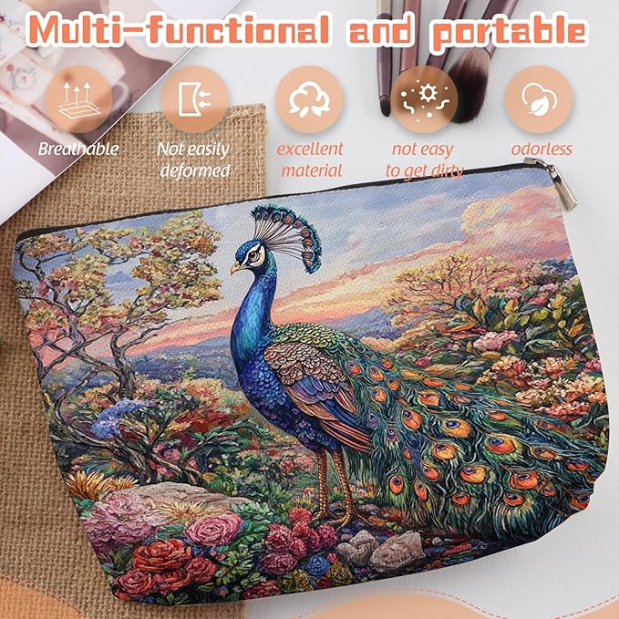 Makeup Bag Travel Cosmetic Bags Small Makeup Case Waterproof Zipper Pouch for Women Girls 7X9inches - Peacock in A Dusk - Filled Floral Landscape
