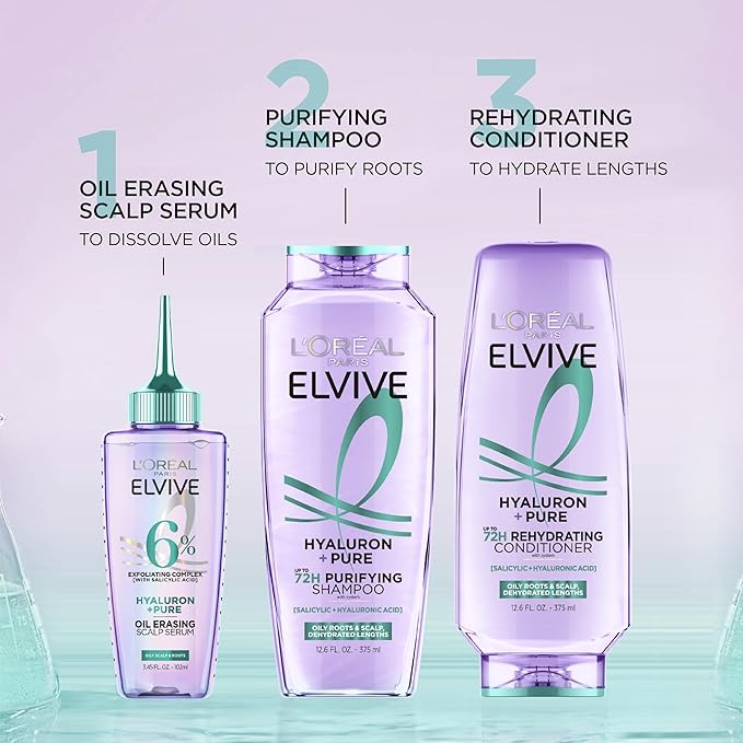 L'Oreal Paris Elvive Hyaluron + Pure Shampoo and Conditioner Set, Clarifying Shampoo and Rehydrating Conditioner with Salicylic Acid and Hyaluronic Acid, 1 Kit