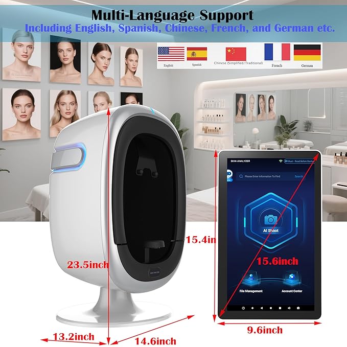 15.6" Professional Skin Analysis Device for Beauty Salons & Spas – AI-Powered 7-Spectral Imaging, 17 Skin Indicators, Multi-Language & Cloud Report Storage