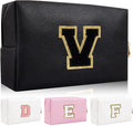Personalized Initial Letter Patch Makeup Bag, Preppy Portable Chenille Cosmetic Bag with Zipper, PU Leather Waterproof Travel Toiletry Bag Monogram Make Up Pouch for Women Girls