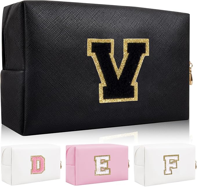 Personalized Initial Letter Patch Makeup Bag, Preppy Portable Chenille Cosmetic Bag with Zipper, PU Leather Waterproof Travel Toiletry Bag Monogram Make Up Pouch for Women Girls