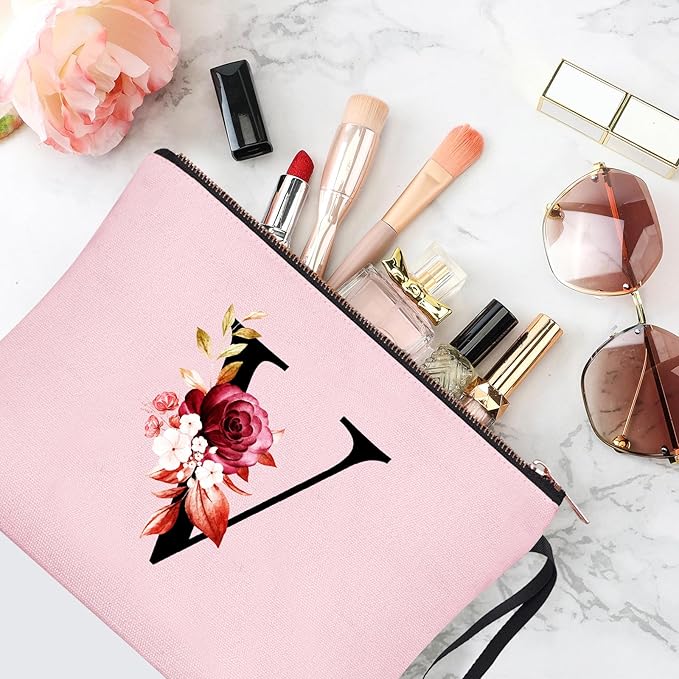 Vavabox A-Z Personalized Makeup Bag, Birthday Gifts for Women Mom, Gifts for Best Friend, Bride Bridesmaid Cosmetic bag (V, Pink)