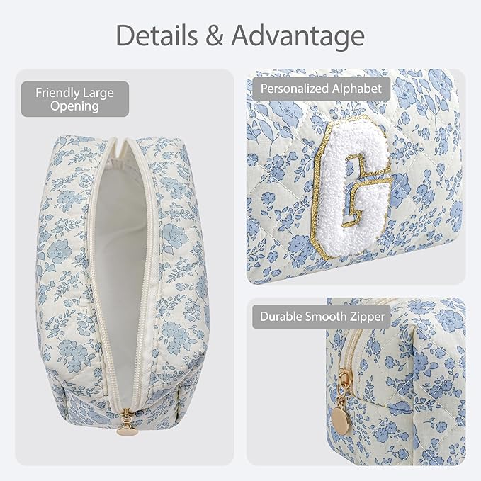 Gleyemor Personalized Initial Makeup Bag for Women, Cute Quilted Blue Floral Cotton Cosmetic Bag, Christmas Gifts for Her Mom Friend Sister Bridesmaid Teacher Women G