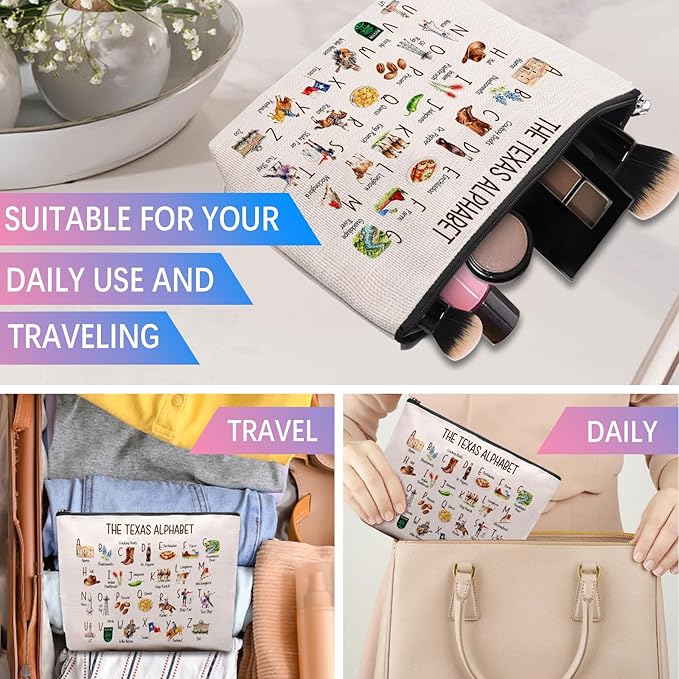 Cute Texas State Souvenirs Gift Makeup Bag Texas Themed Gifts for Women Alphabet Travel Cosmetic Bag Pouch