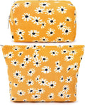 SOIDRAM 2 Pieces Flower Makeup Bag Large Cosmetic Bag Capacity Canvas Mix Travel Toiletry Bag Organizer Cute Makeup Brushes Aesthetic Accessories Storage Bag for Women,Little Flower Mix Yellow