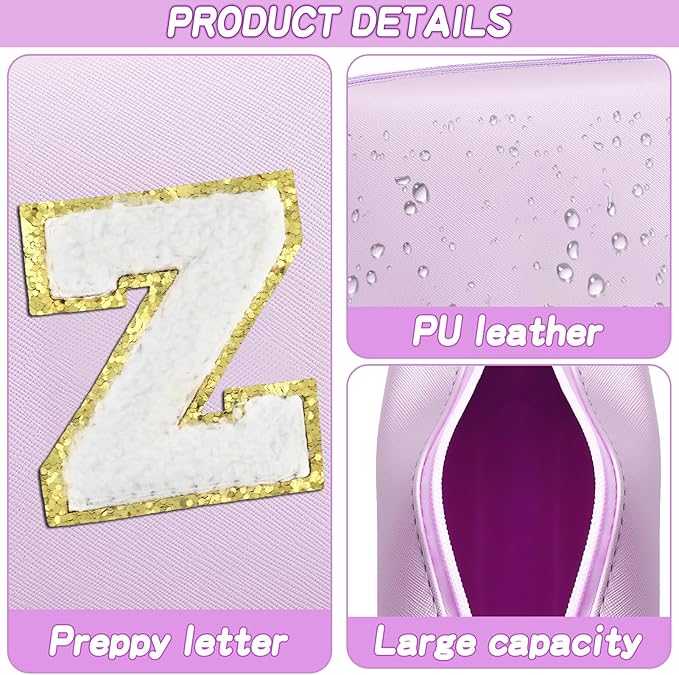 Gifts for Girls Initial Makeup Bag Personalized Cosmetic Bag with Zipper Cute Travel Toiletry Bag Waterproof PU Preppy Makeup Pouch Birthday Gift for Teen Girls Women(Purple Z)