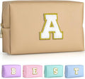 TOPEAST Preppy Makeup Bag, Personalized Initial Bags with Zipper, Cute Makeup Pouch, PU Leather Waterproof Cosmetic Bag, Birthday Gift for Daughter, Preppy Things for Girls (Khaki A)