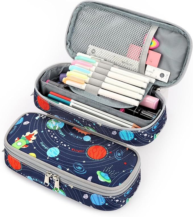 mibasies Boys Pencil Case for Kids, Multi-Slot Pencil Pouch, Galaxy LightGray