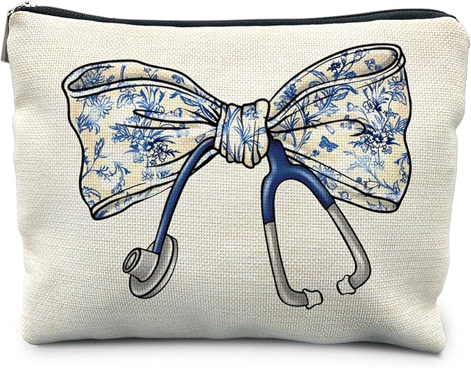 Chinoiserie Coquette Bow Stethoscope Nurse Makeup Bag, Nurse Gifts for Women Cosmetic Bags, Nurse Week Gifts Makeup Pouch, Nurse Appreciation Gifts Zipper Pouch