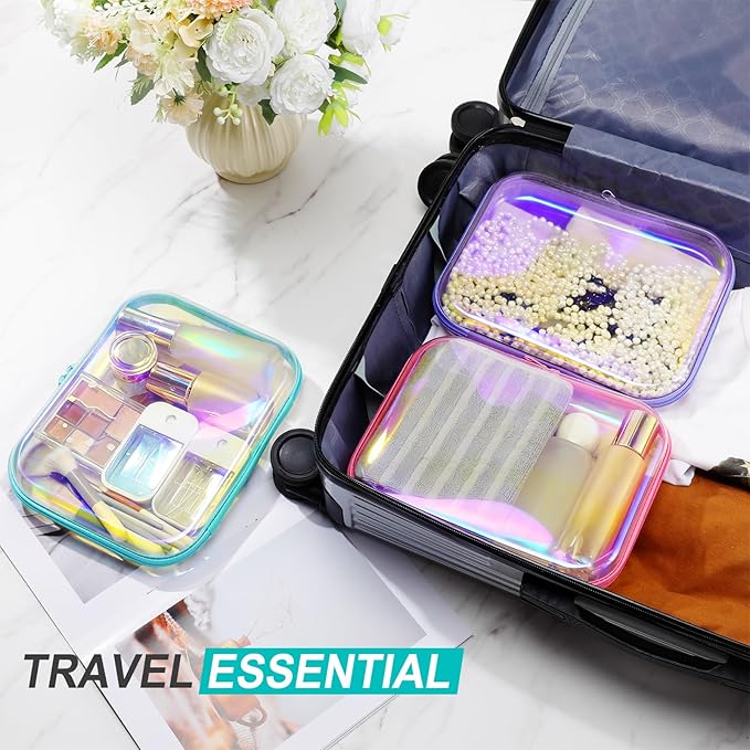 Hoolerry 3 Pcs Clear Hard Zipper Case Plastic Pouch Transparent Hard Case Clear Makeup Bag Portable Travel Organizer Bin for Cosmetics, Building Blocks, Puzzles(Laser,M)