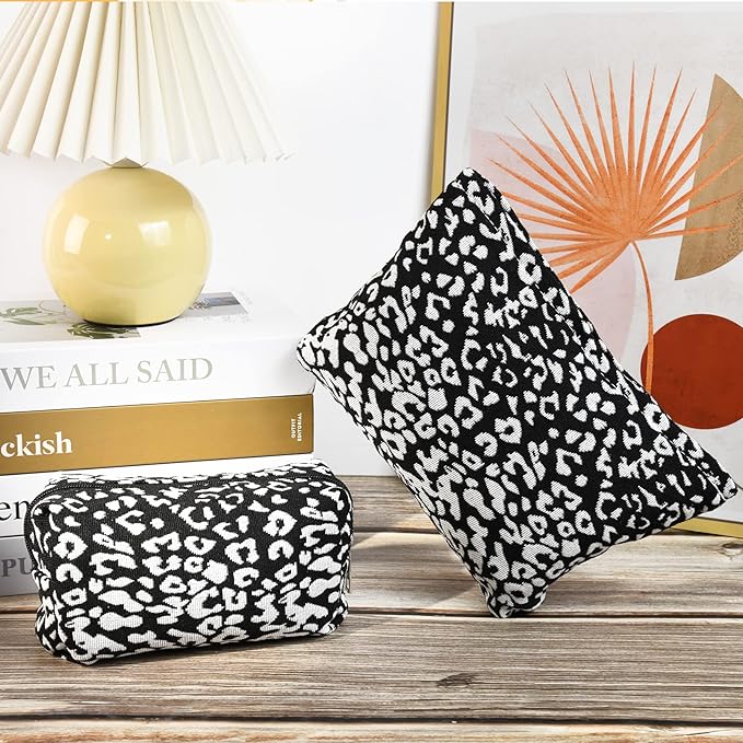 SOIDRAM 2 Pieces Leopard Print Makeup Bag Large Cosmetic Bag Capacity Canvas Mix Travel Toiletry Bag Organizer Cute Makeup Brushes Aesthetic Accessories Storage Bag for Women, Leopard Print Mix Black